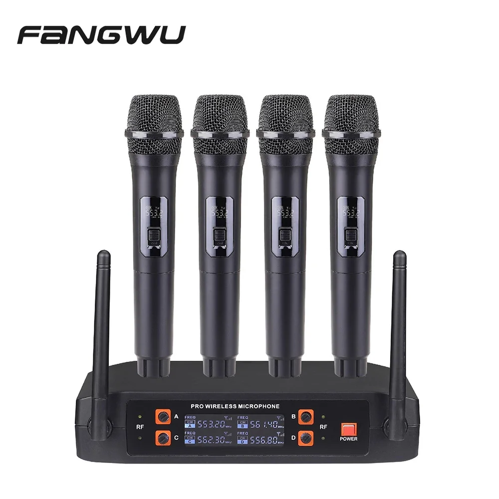 2026 4 Channel Fix Frequency 50m Vhf Plastic Wireless Handheld Microphone For Home Ktv