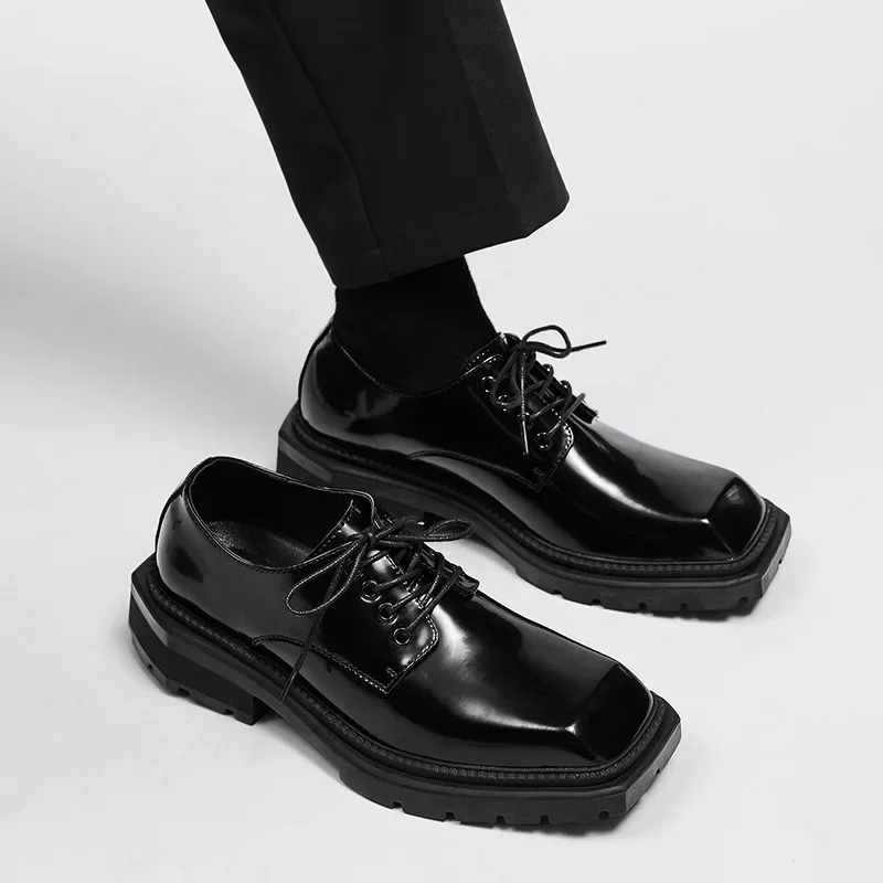 Men's Shoes New Square Head Leather Shoes Fashion Casual Formal Dress Loafers for Men Lace-up Black British Business Work Shoes