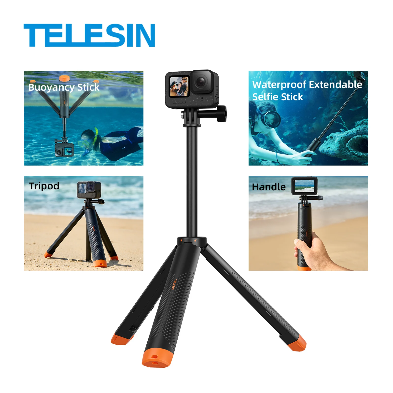 TELESIN Buoyancy Bar Diving Extendable 30M Waterproof Selfie Stick Tripod For Gopro Insta360 DJI OSMO Action Camera Accessories