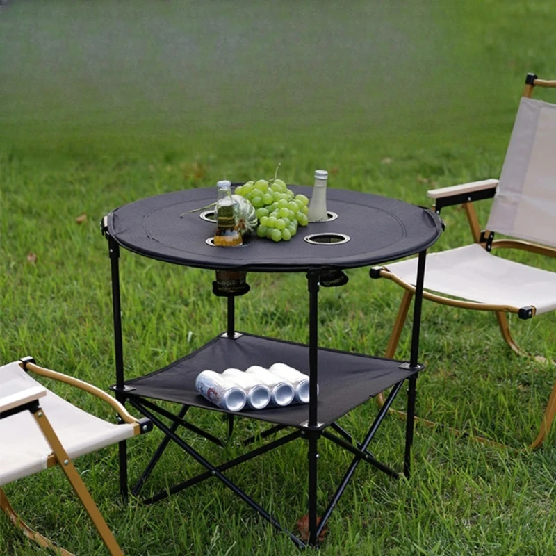 4 Cup Holder & 2-Tier Folding Table Portable Compact Camping Table with Sturdy Tripod Base, Waterproof for Outdoor Beach Camping
