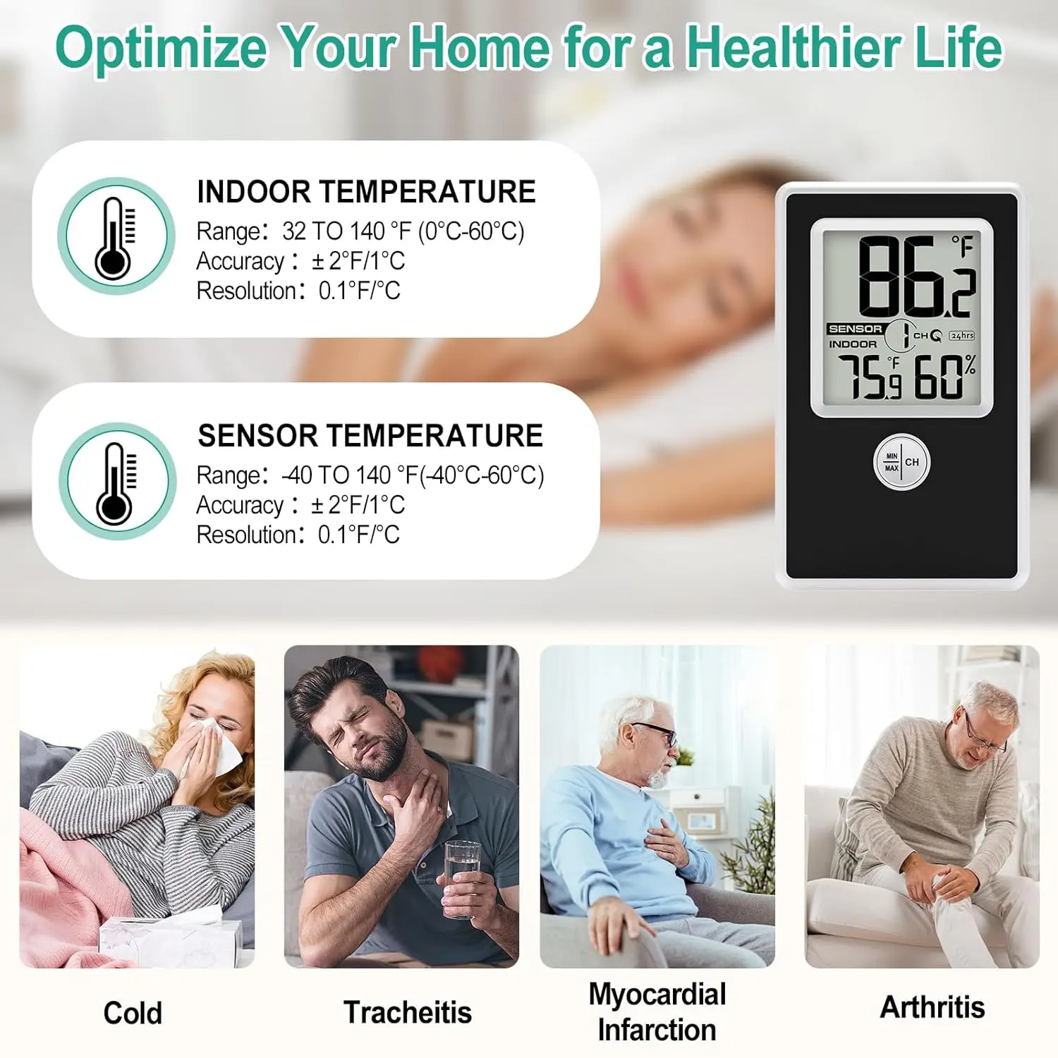 Digital Thermometer Hygrometer Indoor Outdoor Wireless Temperature Humidity Monitor with Records Auto Reset LCD Display for Home