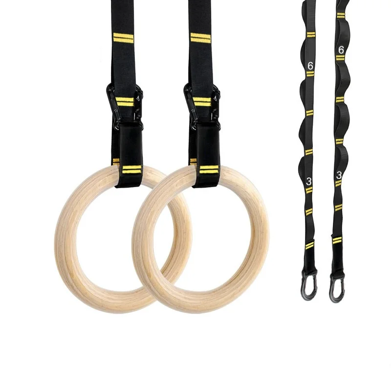 Pull-up Gymnastics Rings Hanging Non-Slip Wooden Ring with Adjustable Straps 32mm 28mm for Exercise and Fitness Gym Equipments