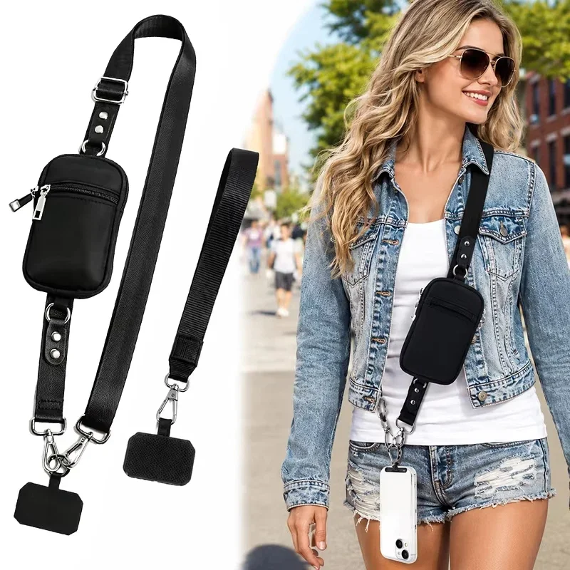 Detachable Card Holder Wrist Bag Nylon Coin Purse Adjustable Shoulder Strap Crossbody Wallet Phone Pocket Travel Daily Handbag