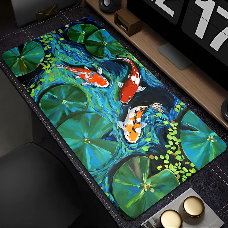 Gaming Mouse Pad with Stitched Edge Non-Slip Rubber Base Koi Fish Extended Desk Mat Keyboard Mousepad for Office Home Computer