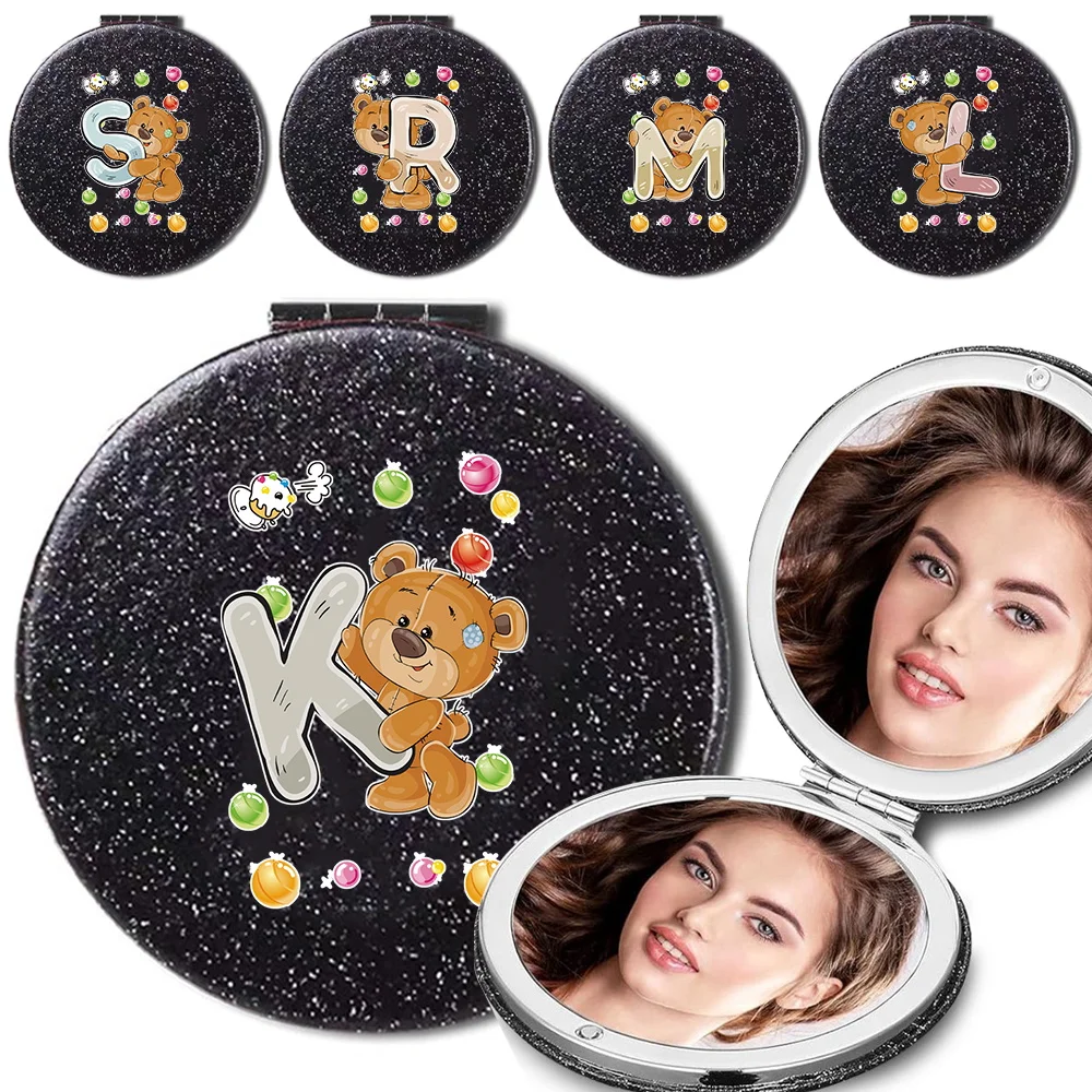 Women Makeup Mirror with Double Sided Design Durable Folding 2x Magnifying Mirror Cute Bear Initial 26 Letters Pattern