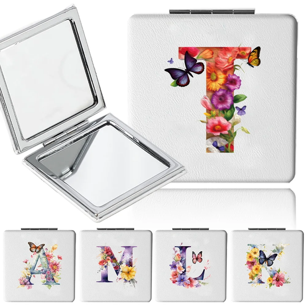 Desktop Cosmetic Mirror Double-Sided Makeup Mirror Handheld 1x2x Magnifying Mirror Butterfly Letter Initial 26 Letters Pattern