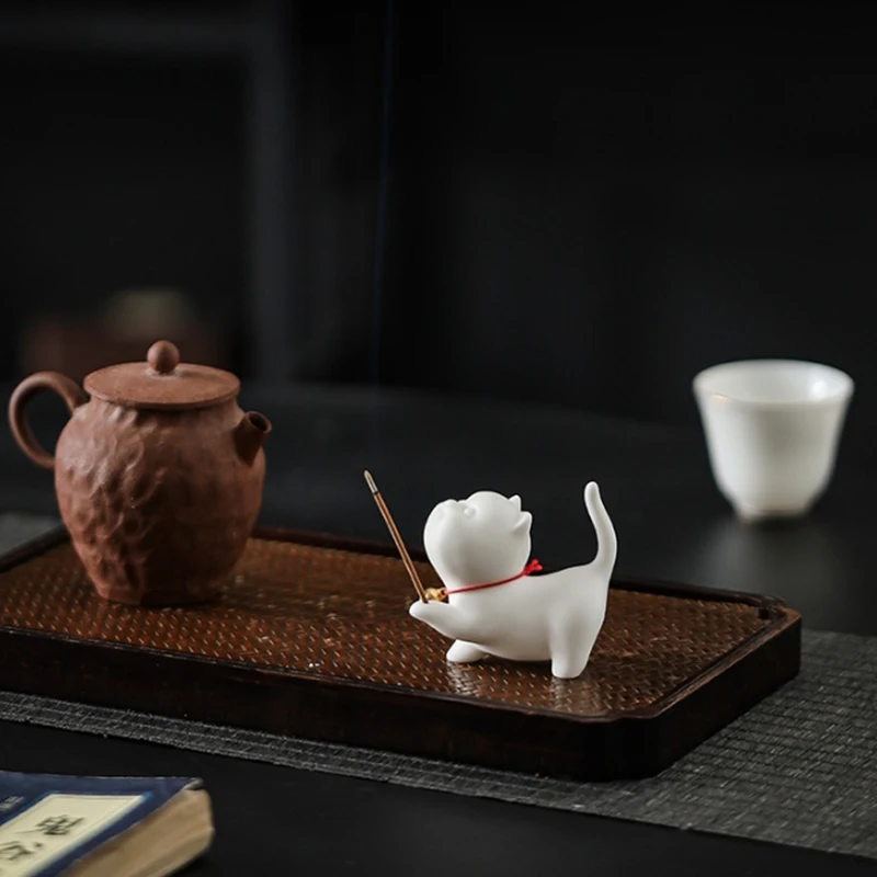 Cute Cat Incense Burner Stick Holder Mini Lovely Cat Incense Burner With Bamboo Mat Home Decor Tea Pet Tea Ceremony Accessories