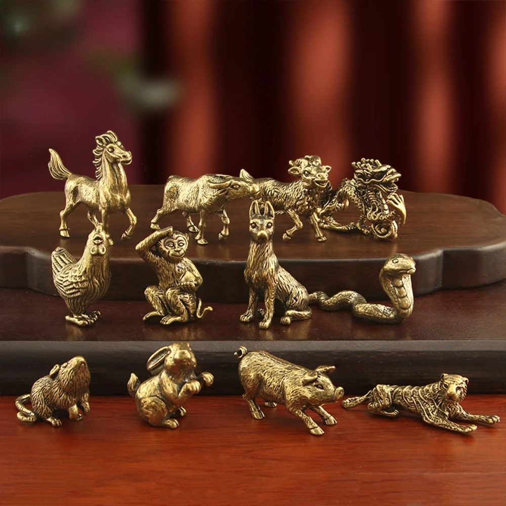 1pc Brass Twelve Zodiac Statues Chinese Style Mini Ornament DIY Tea Pets Accessories Bring Luck Fengshui Home Decor