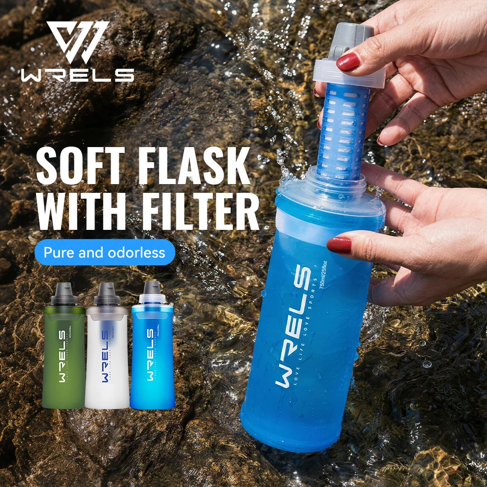 WRELS Soft Water Bottle with Filter Ultralight Collapsible Water Filter Bottle Hydrapak Soft Flask for Hiking Camping Backpack