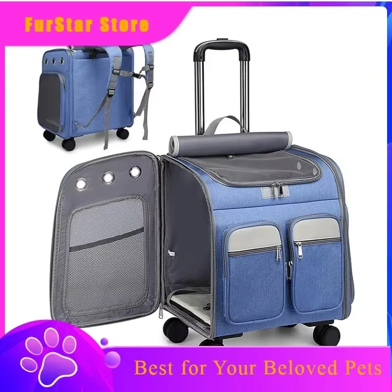 FurStarCustom In Stock Wholesale Rolling Pet Cat Backpack Spacious Pet Carrier With Quiet Swivel Wheels Foldable Rolling Pet Dog