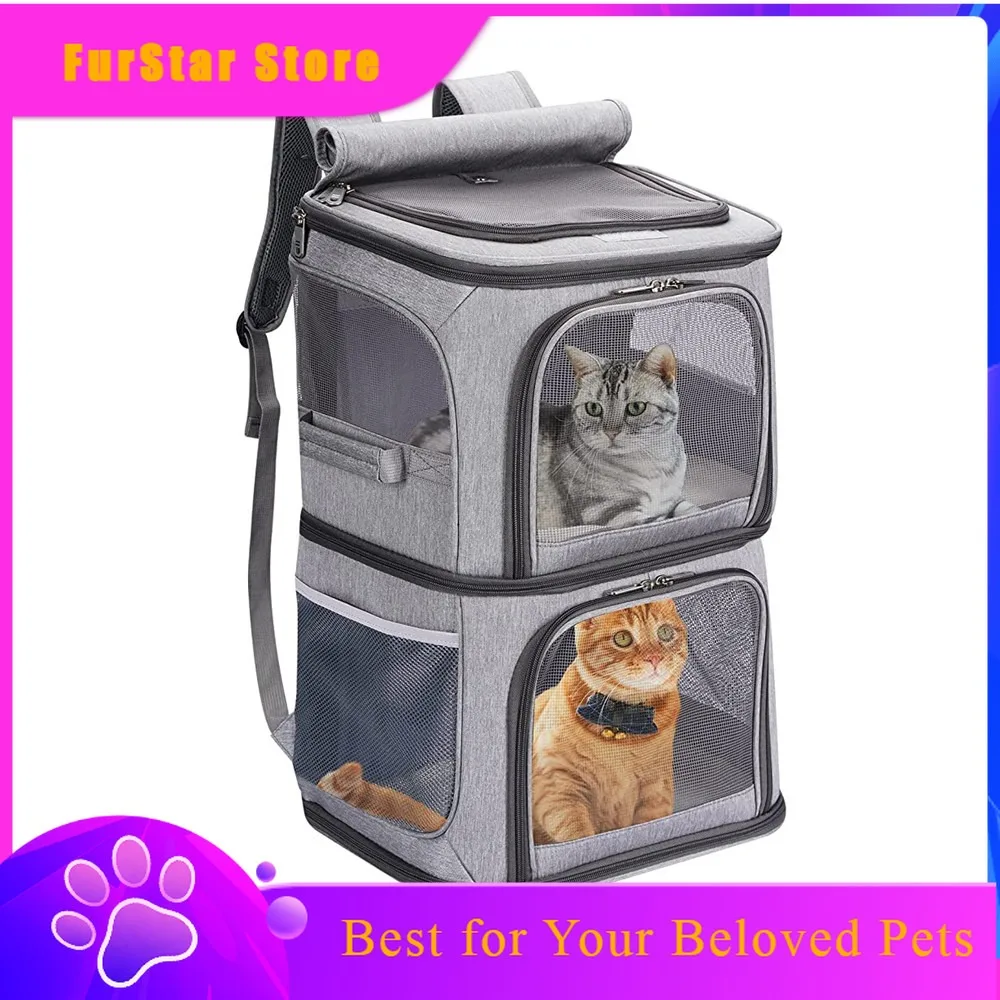 FurStarDouble-Compartment Pet Carrier Backpack Two Cat Backpacks Foldable Oxford Cloth Dog Bag Super Ventilated Outdoor Bags