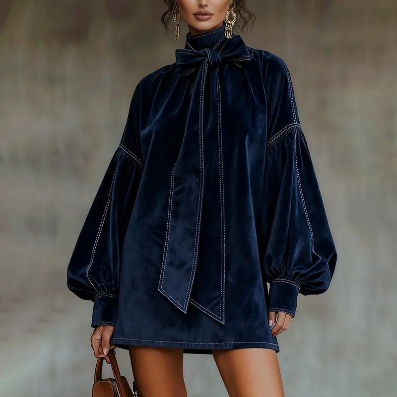 American Retro High Collar Lantern Sleeve Long Sleeve Bow Tie Elegant Velvet Women Mini Dresses Casual Autumn High Street Dress