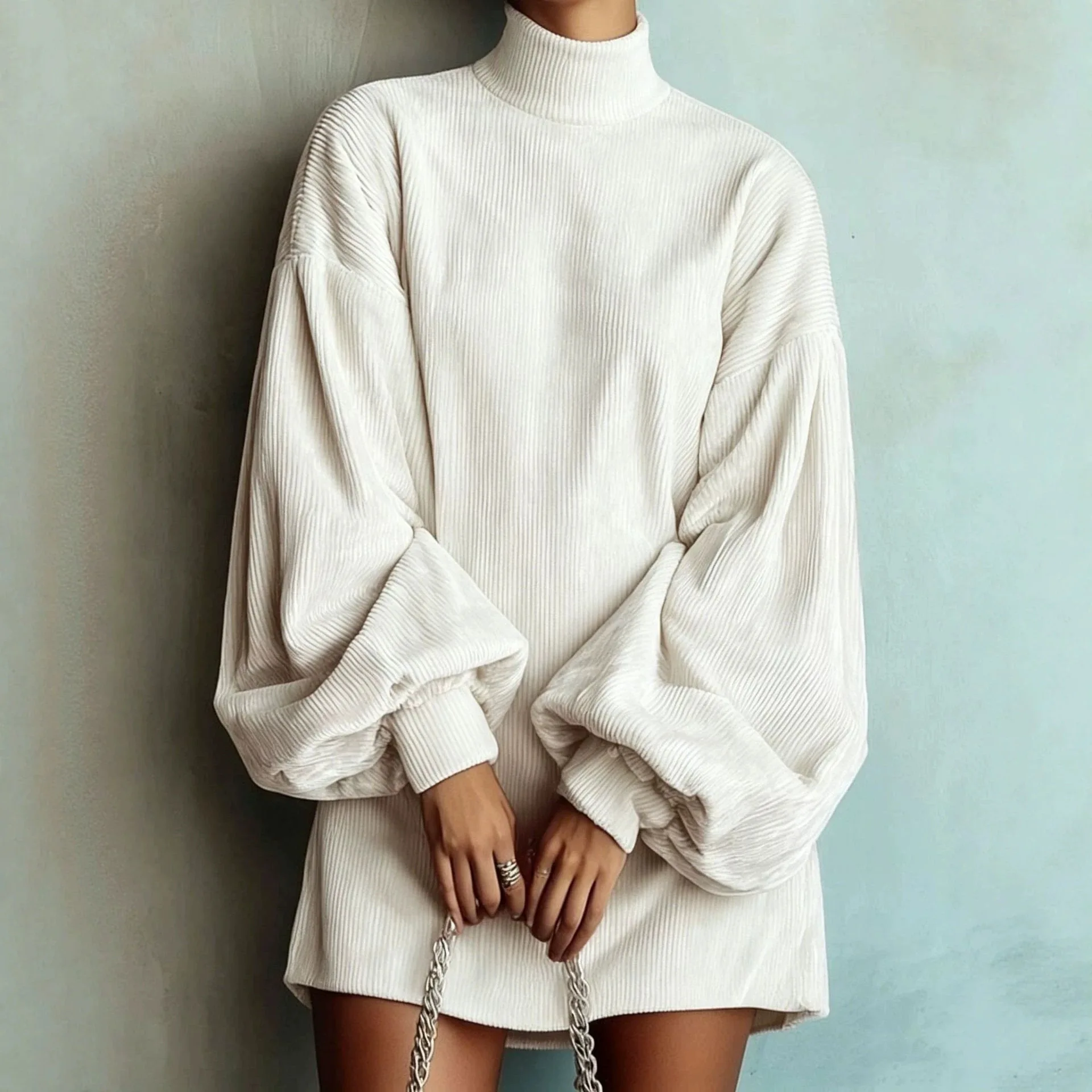 Women Corduroy Turtleneck Mini Dress Oversized Elegant Loose Lantern Sleeve Casual Dresses Autumn Winter Streetwear Short Dress