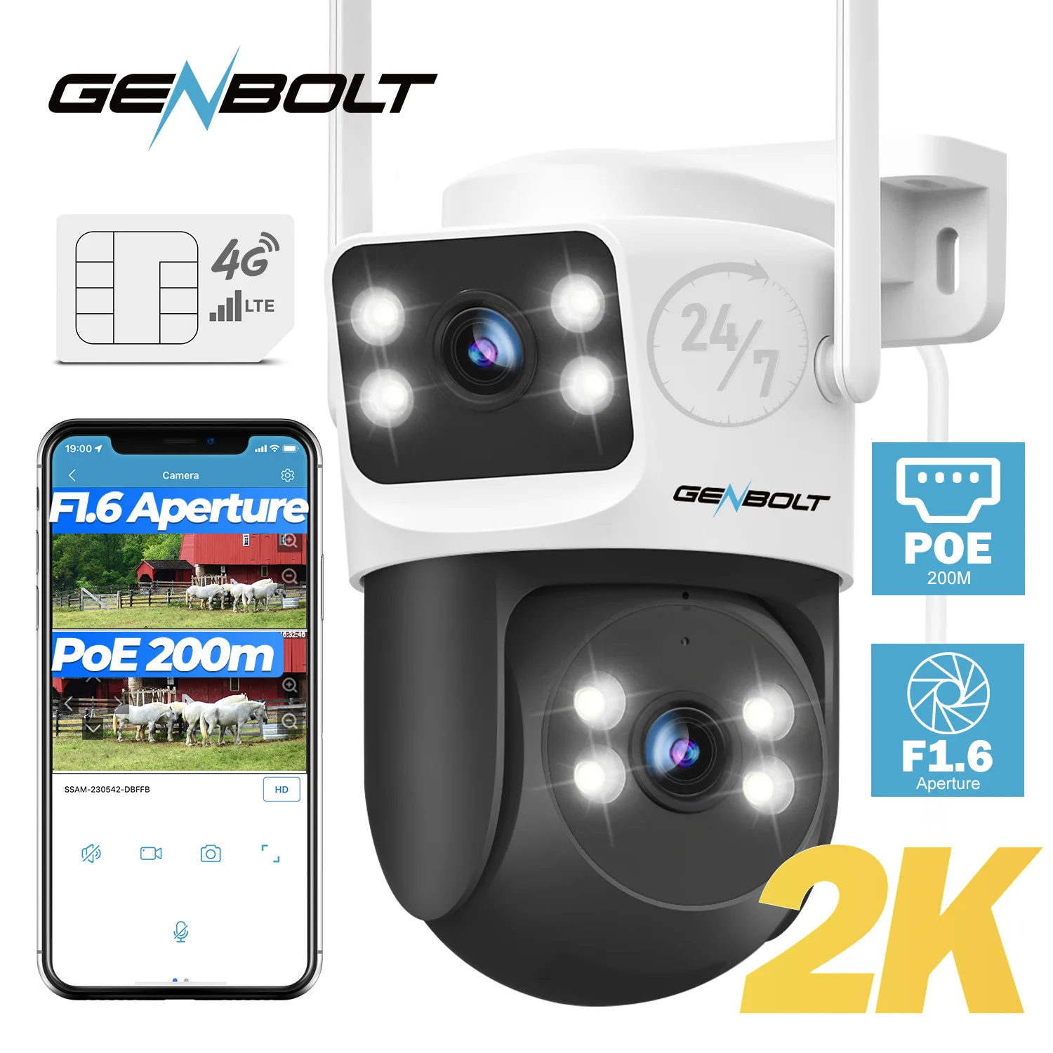 2K 4G Security Camera Outdoor, Lens Auto Tracking Humanoid Detection, 24/7 Recording Sim Card CCTV for Home/Villa,No WiF GENBOLT