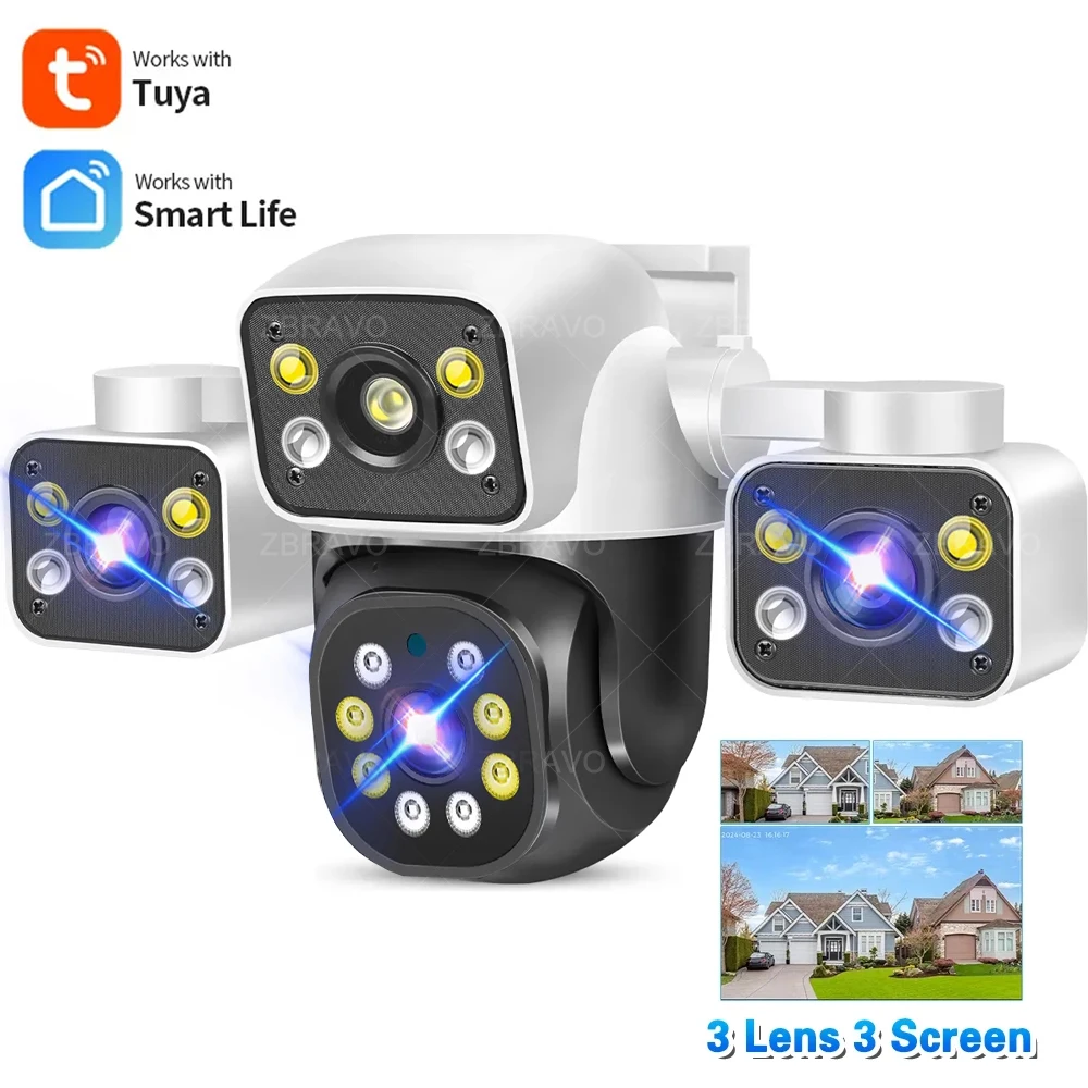 Tuya SmartLife 3 Screens Outdoor WiFi Security Camera PTZ 6K 12MP Home Surveillance Protection 2 Screens 4K 8MP Mini Siren Alarm