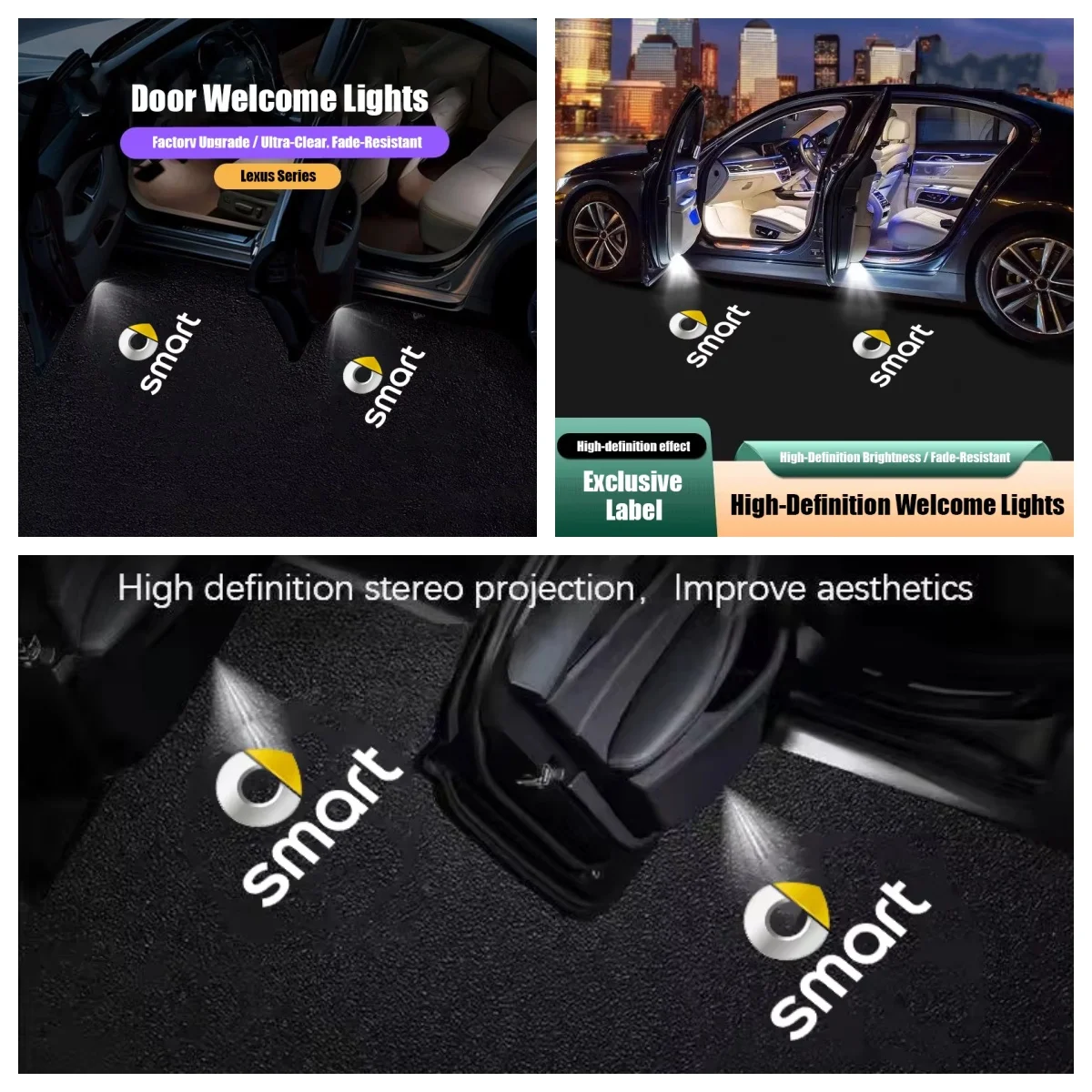 2Pcs HD Logo Door Courtesy Light For Smart Fortwo 450 453 Forfour EQ Projection Shadow Lamp Interior Decor