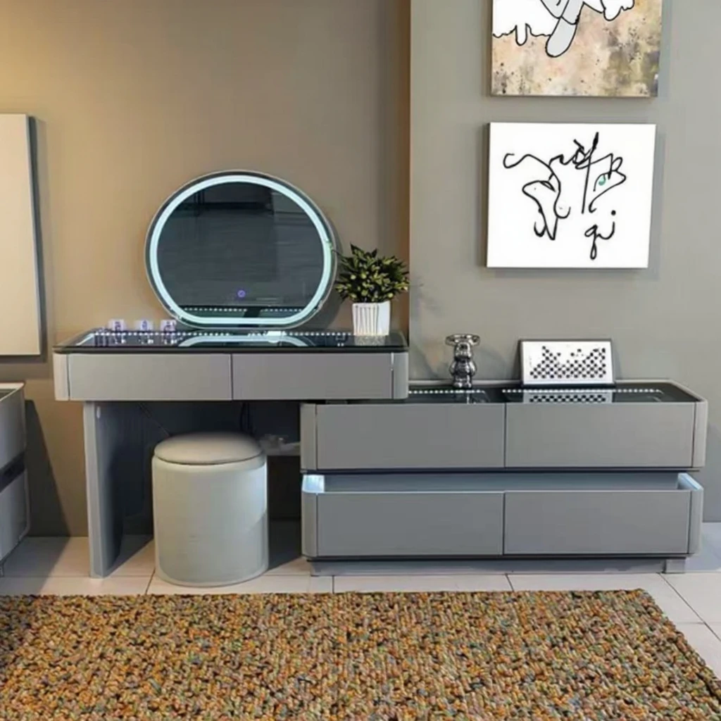 xx-Light Luxury Light Gray Vanity Set With Smart Ring Light Multi-drawer Storage Simple Round Stool^