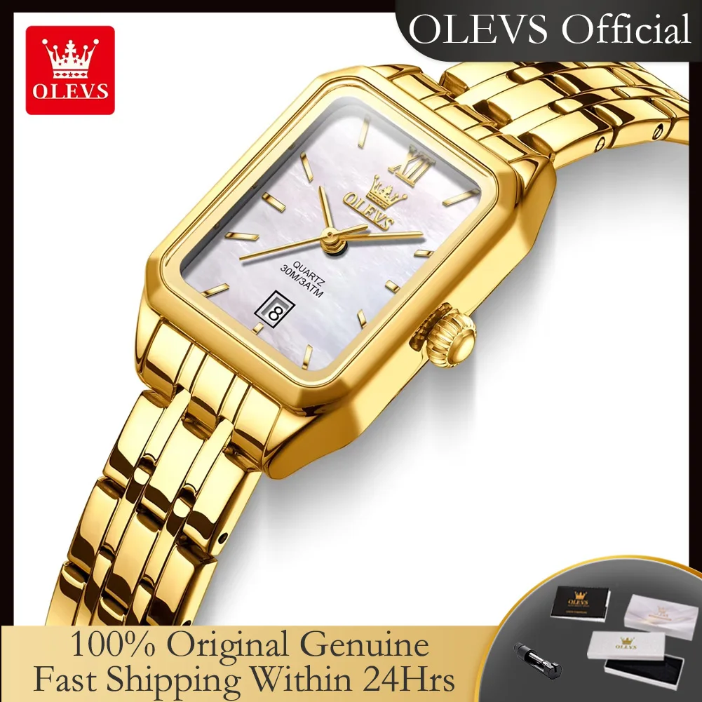 OLEVS 5616 New Quartz Watch for Women Fashion Elegant Square Golden Watch Calendar Waterproof Stainless Steel Ladies Wristwatch