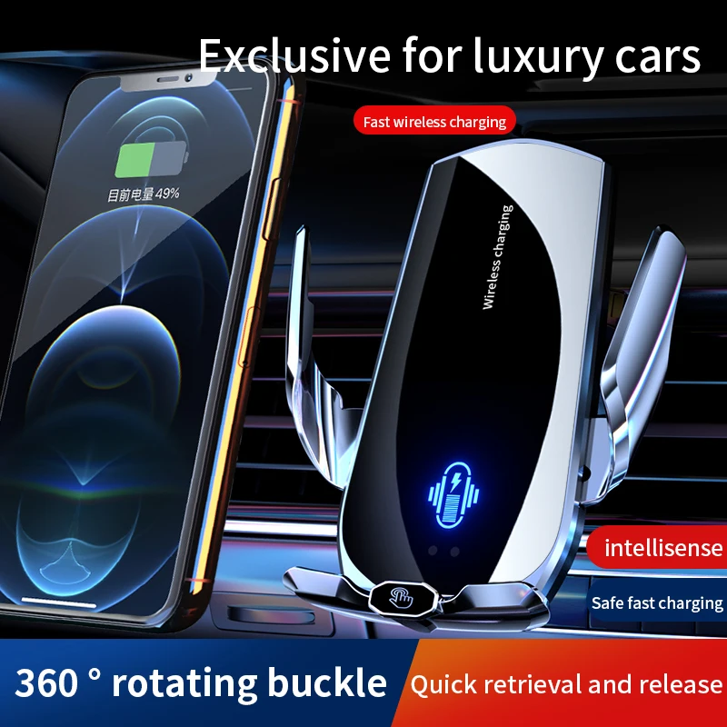A2 Premium 4K8 Core 15W Fast Wireless Car Charger – IR Auto Lock, Built‑in Battery, 360° Rotation for iPhone & Android