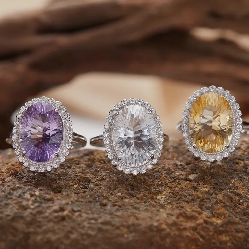 S925 Sterling Silver 18K Gold Natural Color Treasure Ring Light Luxury Premium Index Finger Ring Energy Jewelry Yellow Purple