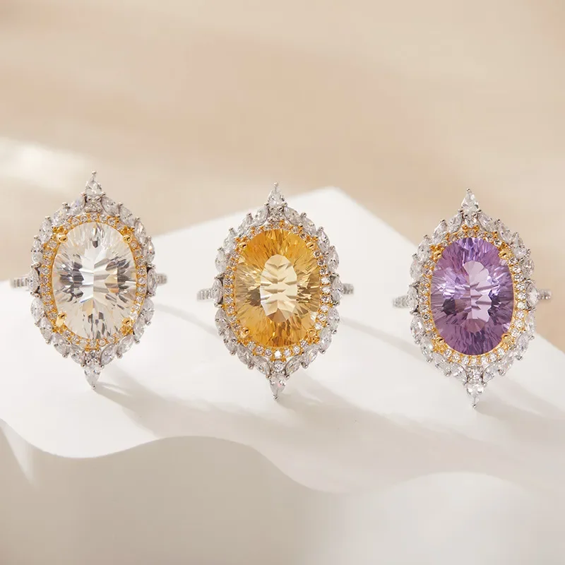 S925 sterling silver plated 18K gold natural color treasure large carat ring light luxury premium index finger ring energy
