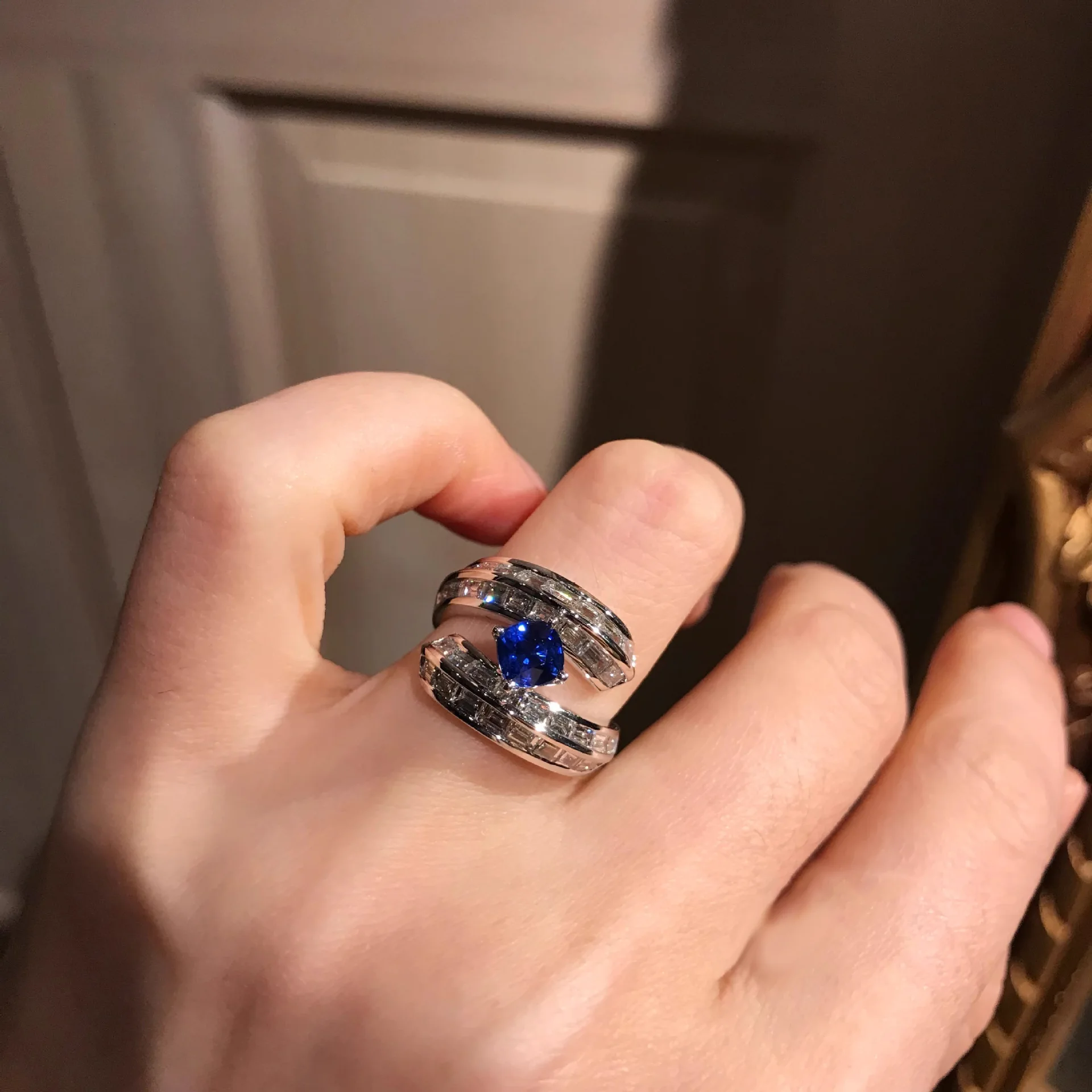 Square sapphire open ring, premium light luxury blue spinel silver ring for women