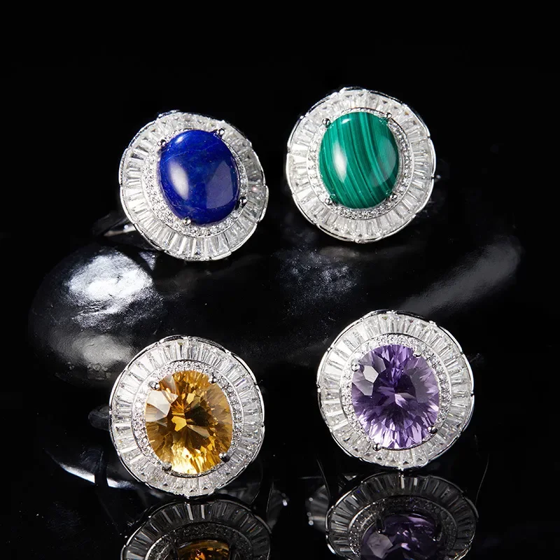 S925 Sterling Silver Natural Citrine Amethyst Blue Gold Malachite Color Treasure Ring Women's Premium Light Luxury Open Ring