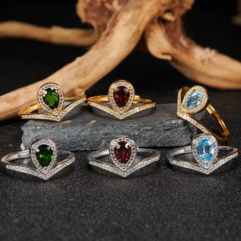 Premium S925 Sterling Silver Plated 18K Gold Natural Color Treasure Ring Index Finger Ring Ins Light Luxury Niche Jewelry