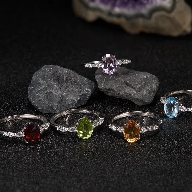 Premium sense does not fade S925 sterling silver natural colored treasure ring Ins light luxury open ring ring women's