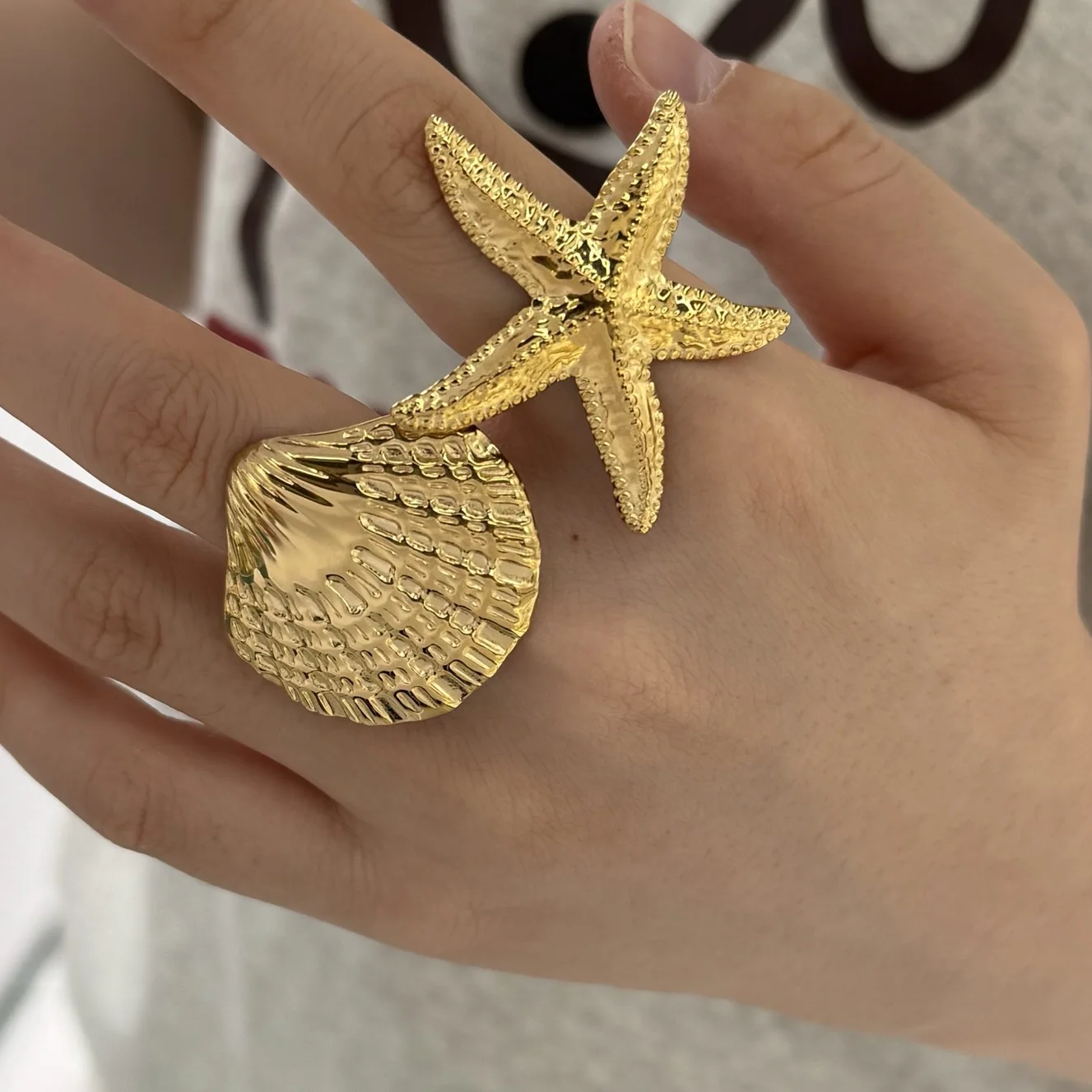 Keen on Ring Stainless Steel Sea Star Shell European and American Classic Light Luxury Premium Waterproof Ocean Series