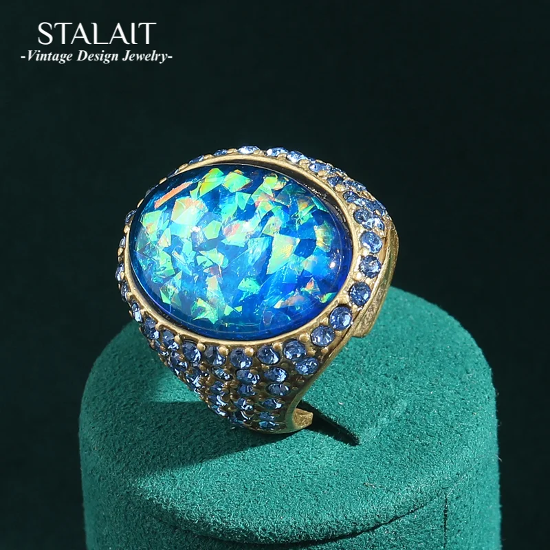 Vintage Opal Ring Real Light Blue Rhinestone Woman Luxury Antique Gold Plated Quality Jewelry Trends 2026 Valentine'S Day Gift