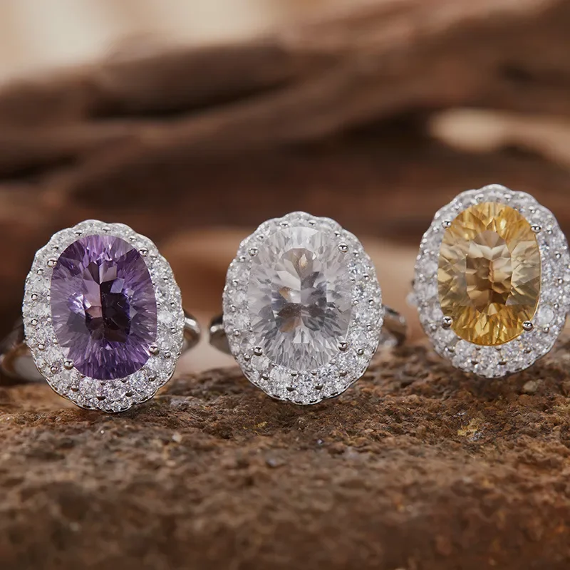 White Purple Citrine S925 Sterling Silver 18K Gold Natural Color Treasure Ring Light Luxury Premium Index Finger Ring Energy