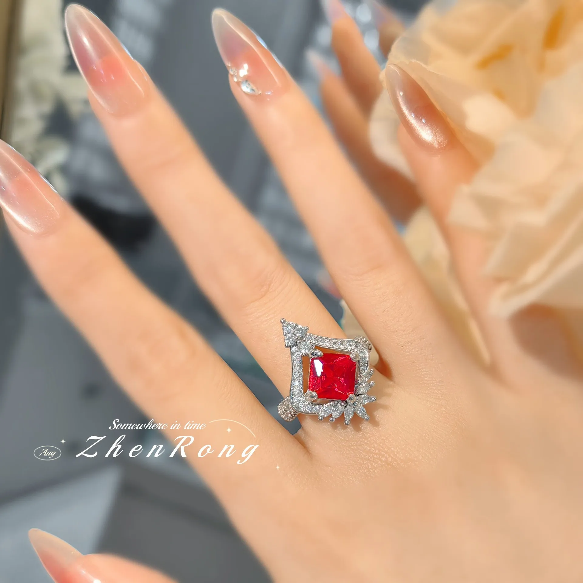 S925 Sterling Silver Ring Luxury Premium Ruby Vintage Light Luxury High Carbon Diamond Women's Diamond Ring