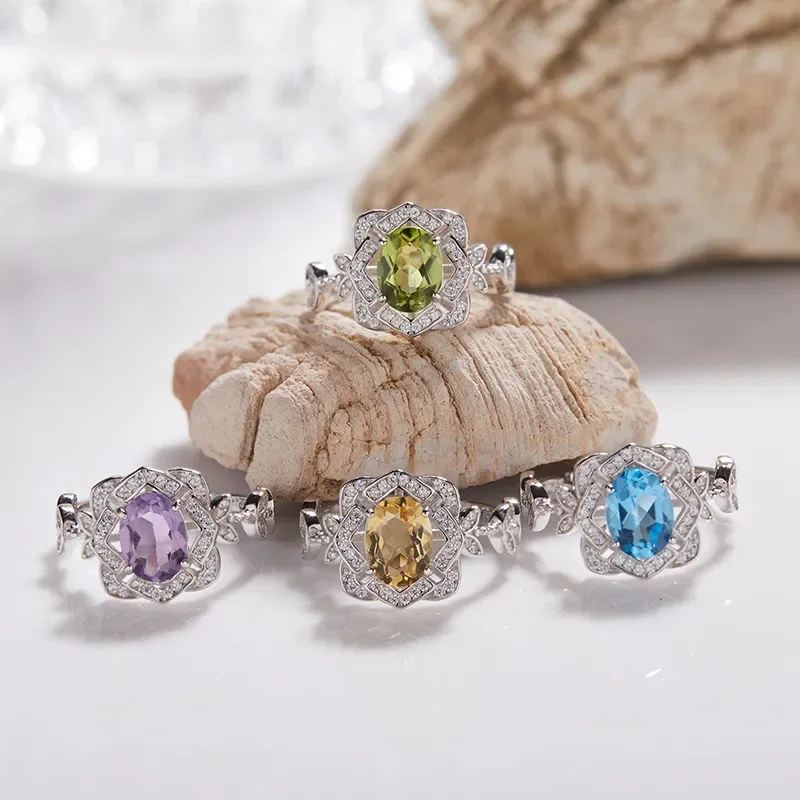 Premium lace flower S925 sterling silver natural colored treasure ring Ins light luxury open ring does not fade wholesale