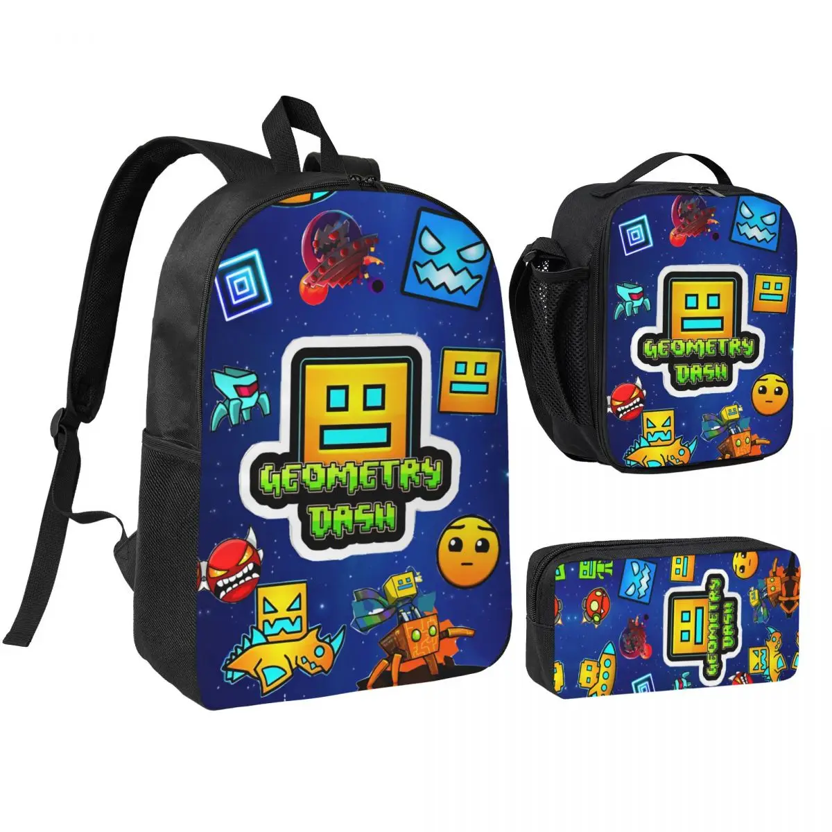 3pecs/set Geometry Dash Gaming Backpack for Student High School Daypack Lunch bag Pencil Case