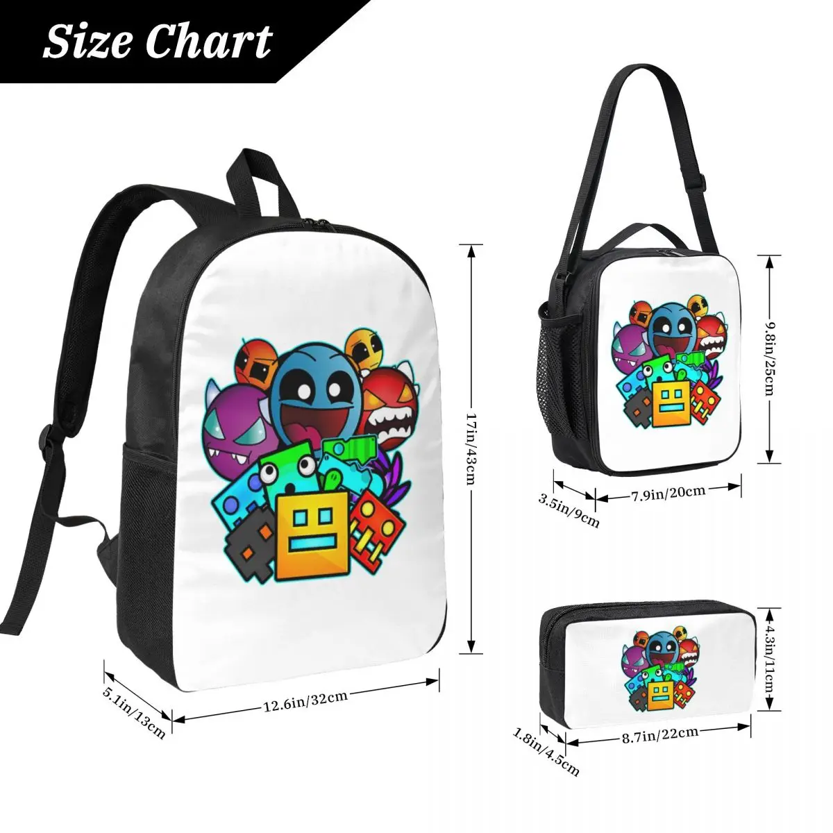 Geometry Dash Old School Gaming Backpack Boy Girls BookBag School Bag Computer Shoulder Bags 3ps Insulated Lunch Bag Pencil Case