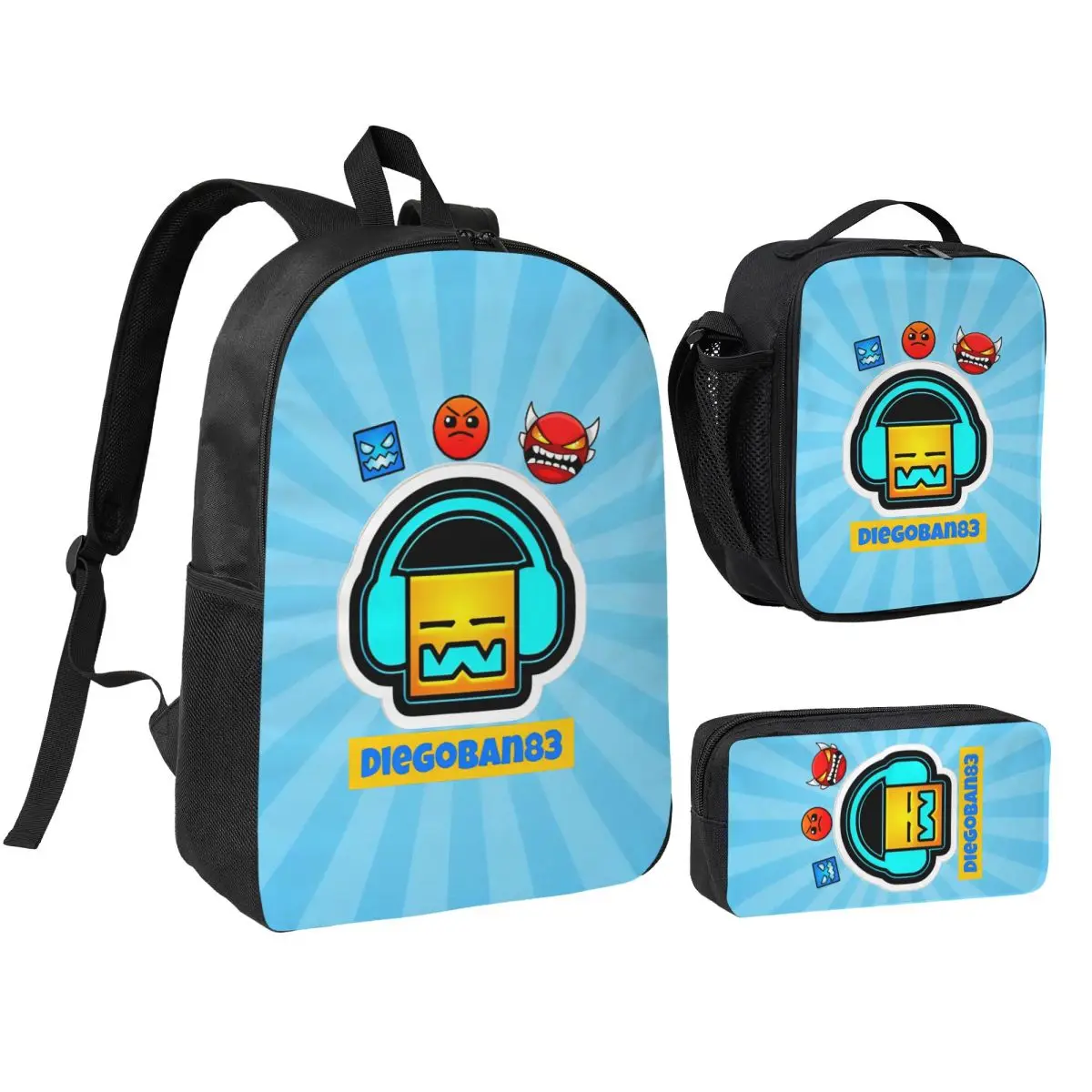 Geometry Dash 3pecs/set Backpack for Student Gaming High School Shoulder Bag Lunch bag Pencil Case