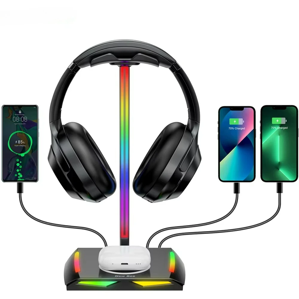 High Quality 5 in 1 Multifunctional Headphone Display Stand Headset Holder RGB Gaming Headphone Stand with Wireless Charger