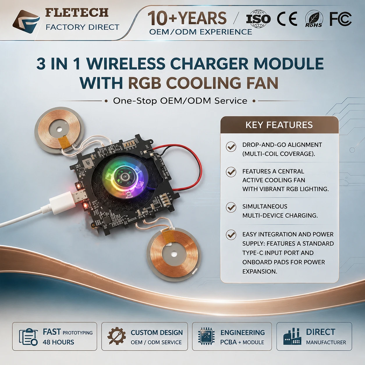 Qi Multi-Coil Wireless Charger PCBA Board with RGB Cooling Fan Type-C 3-in-1 Fast Charging Module Circuit Board for Gaming setup