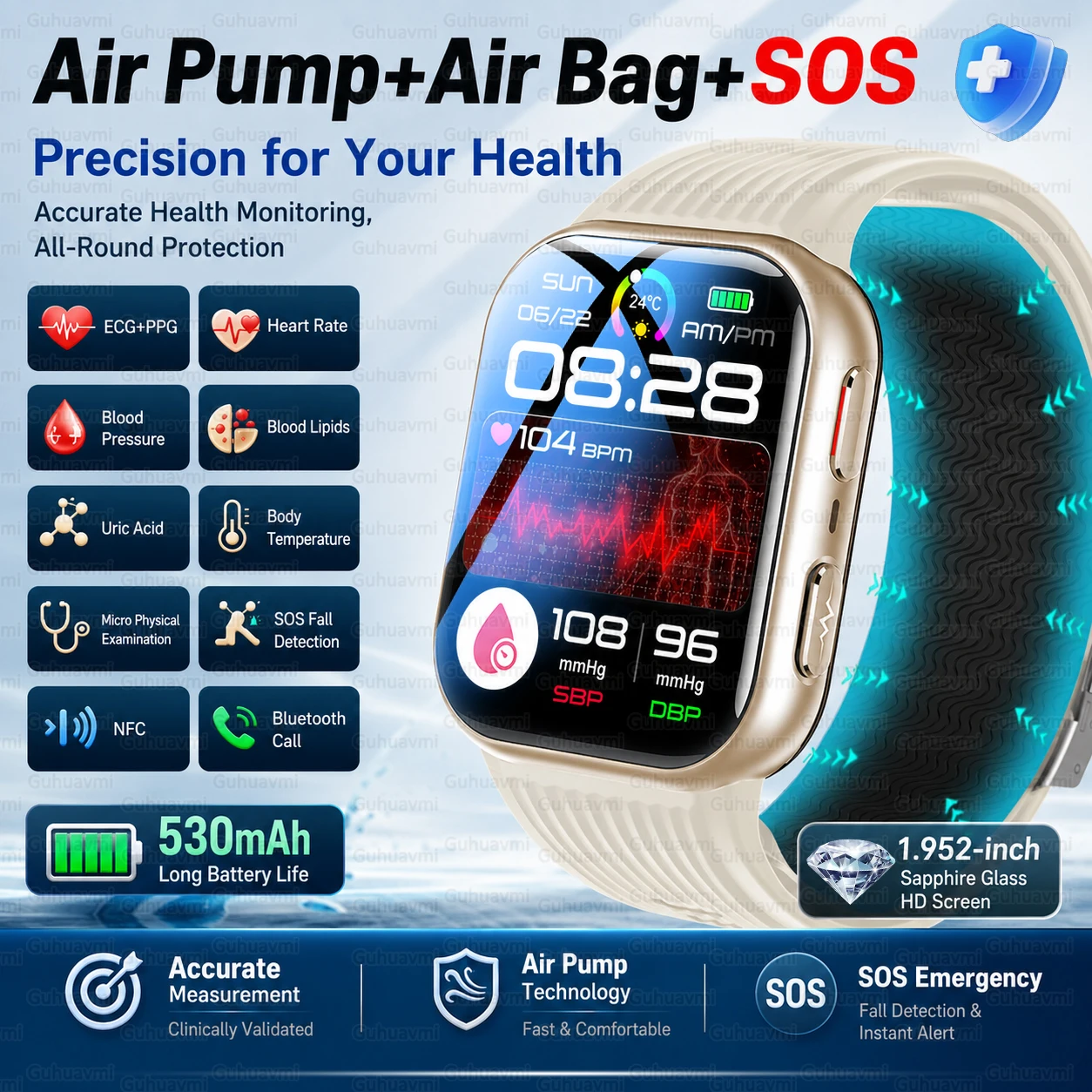 New Accurate Blood Pressure Air Pump Smart Watch Men ECG Heart Rate Blood Lipids NFC Bluetooth Call Remote Care Smart Wristband