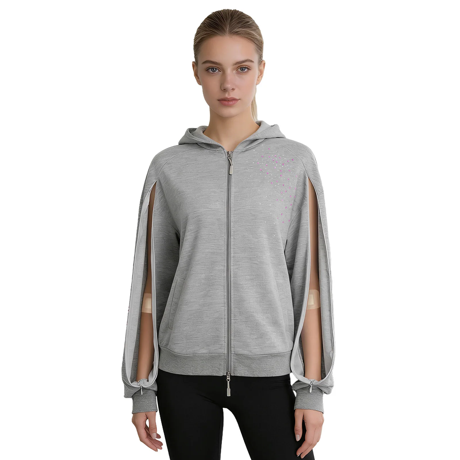 Ladies Full Zip Hoodie with Arm Zippers Shiny Rhinestone Decor Casual Jacket with Pockets for Daily & Dialysis