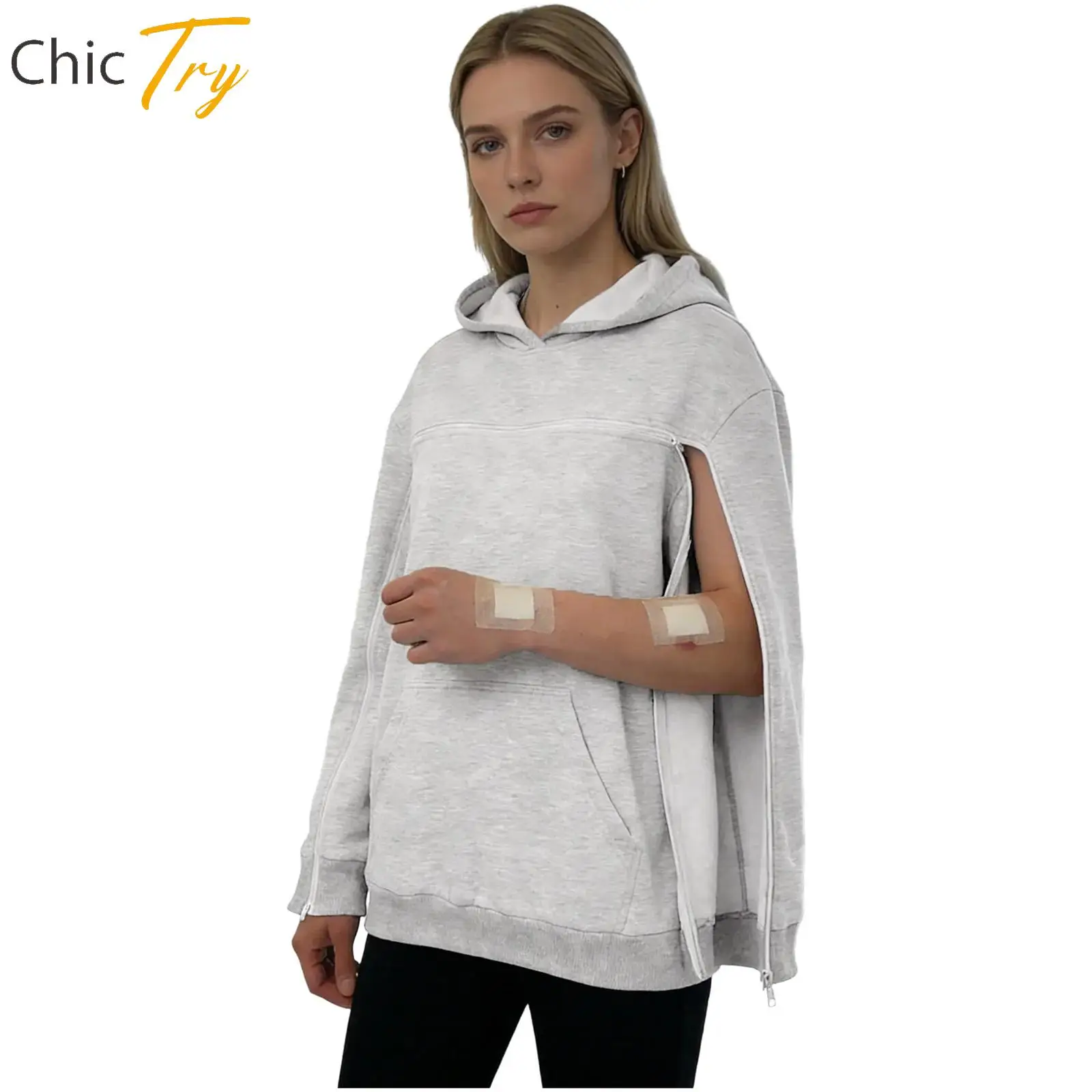 Women Special Needs Adaptive Clothing Hooded Pullover Shirt Long Sleeve Recovery Hoodie Tops for Post-Surgery Hospital Gymnastic