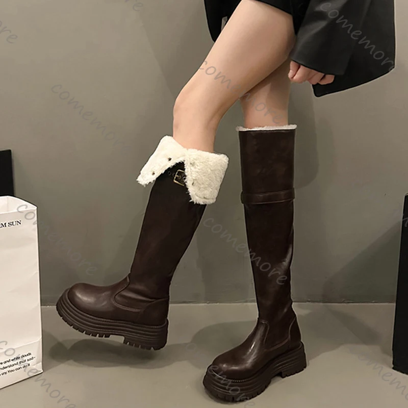 2025 New Women's Over The Knee Boots Fur Lined Foldable Shoes Women Platform Chunky Heel Leather Warm Long Botas for Women