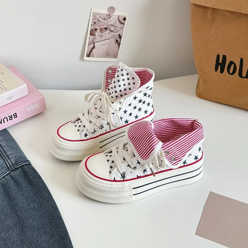 Women's Chunky Platform Canvas Shoes 2026 Spring Thick Sole Lace Up Casual Sneakers Foldable Breathable Vulcanized Shoes