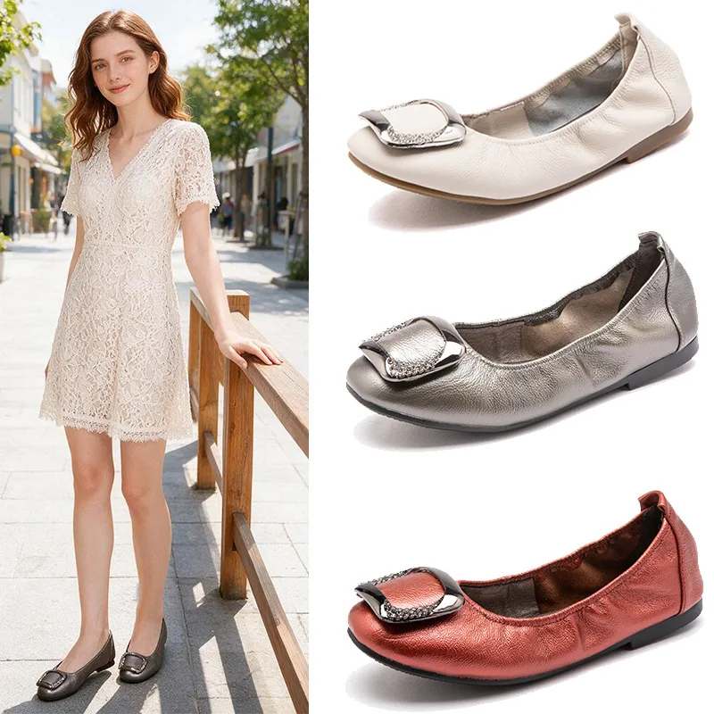 Womens Ballet Flats Leather Square Toe Rhinestone Buckle Foldable Slip on Shoes Elegant Office Travel Walking Comfort Flat Shoes