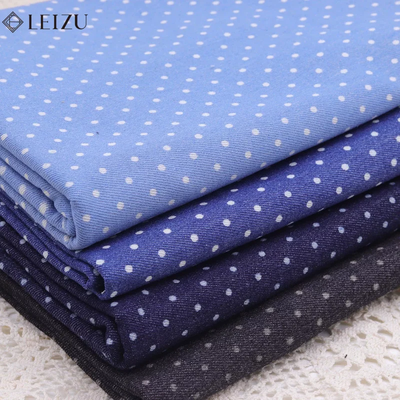 Polka Dot Denim Fabric Washed Printing Fabrics for Handmade DIY Clothes,Pet Bags,Pants,Jacket Sewing Accessories By The Meter