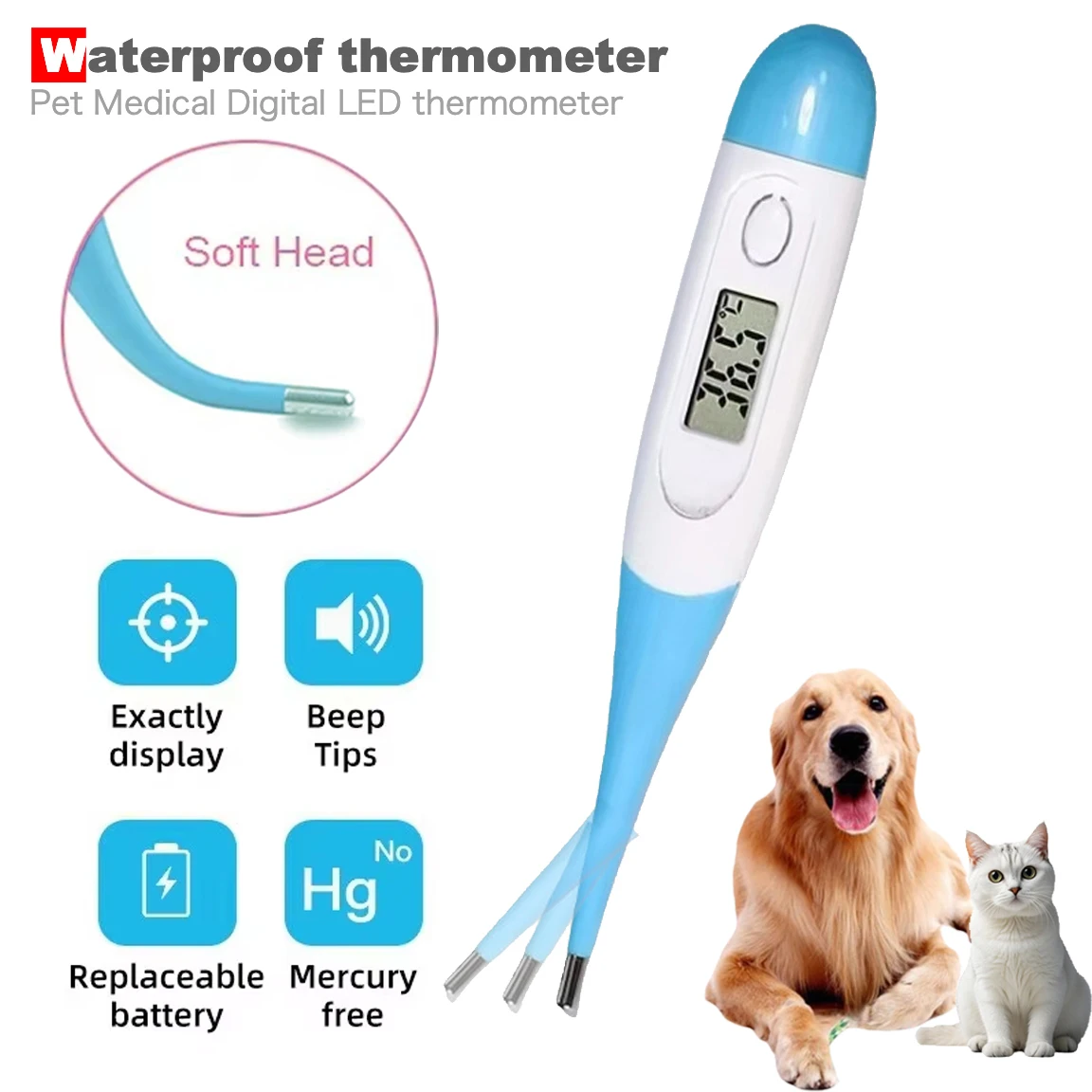 Professional Pet LED Soft Head Digital Medical Thermometer for Animals Adult Children Cat Dog Horse Veterinarian Vet Accessories