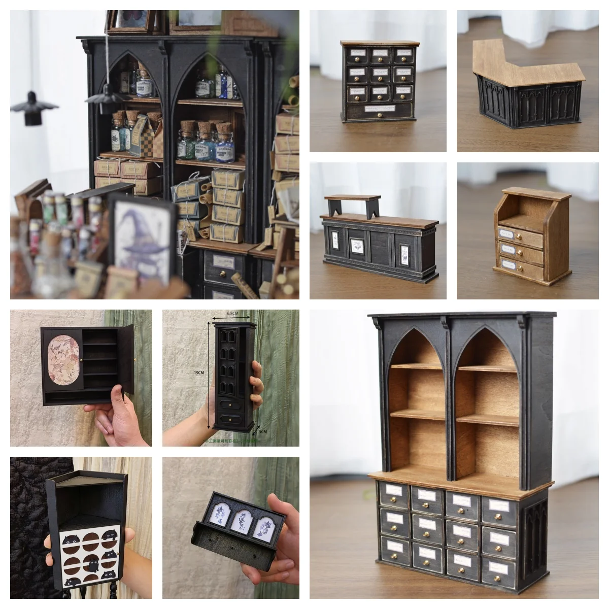 Dollhouse Furniture Set DIY Kit or Finished | Corner Cabinet, Shoe Rack, Witch Cabinet & Wall Candy Display Miniature Room Decor