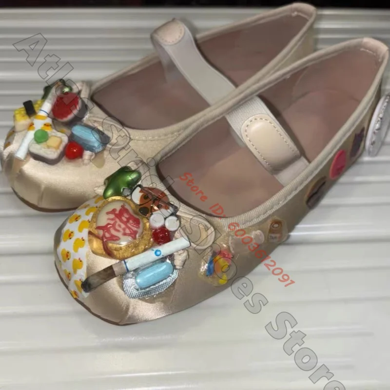 Handmade Custom Satin Mary Jane Flats 3D Mini Food Resin Charms Decor Flat Shoes Unique Cute Personalized Daily Women Footwear