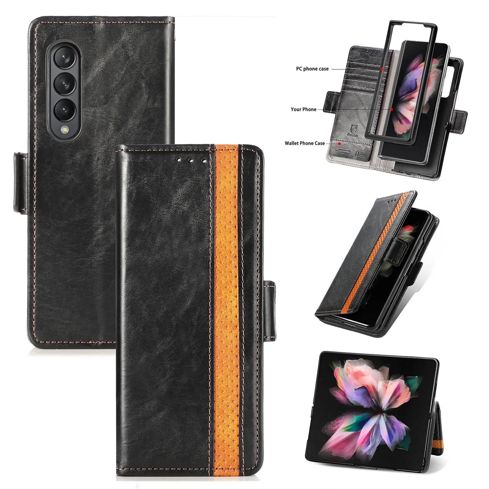 Premium Leather Case for Samsung Galaxy Z Fold 4 Multifunctional Wallet Design Splicing Side Buckle Anti-Drop Cover for Z Fold 3